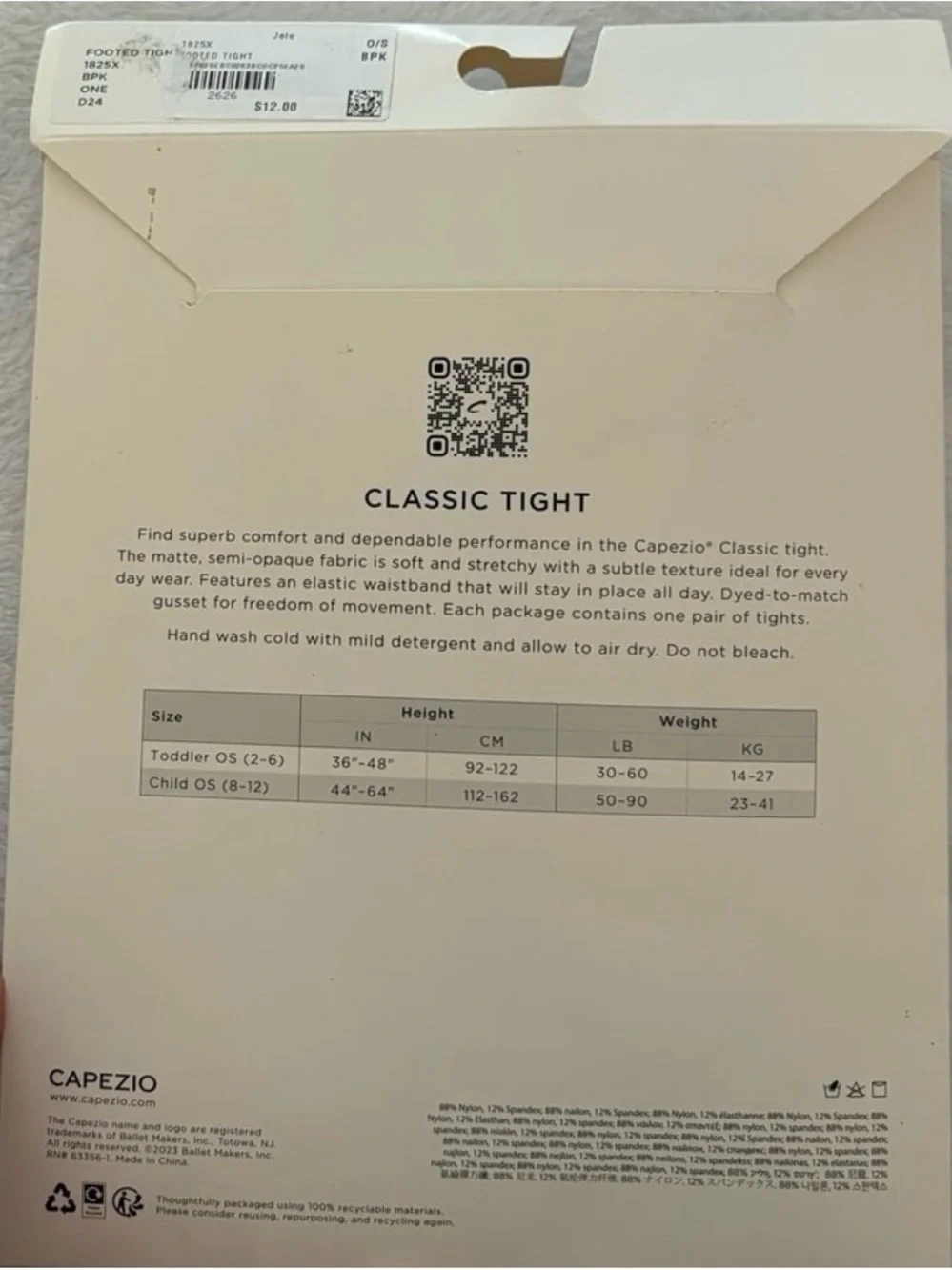 Capezio Classic Tights - Ballet Pink- Toddler 2-6 NWT in Box!